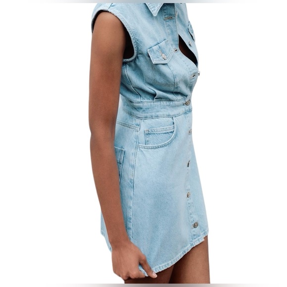 ZARA NEW Women’s Sleeveless Blue Denim Mini Dress Size Large Lapel Collard NWT - Picture 5 of 9